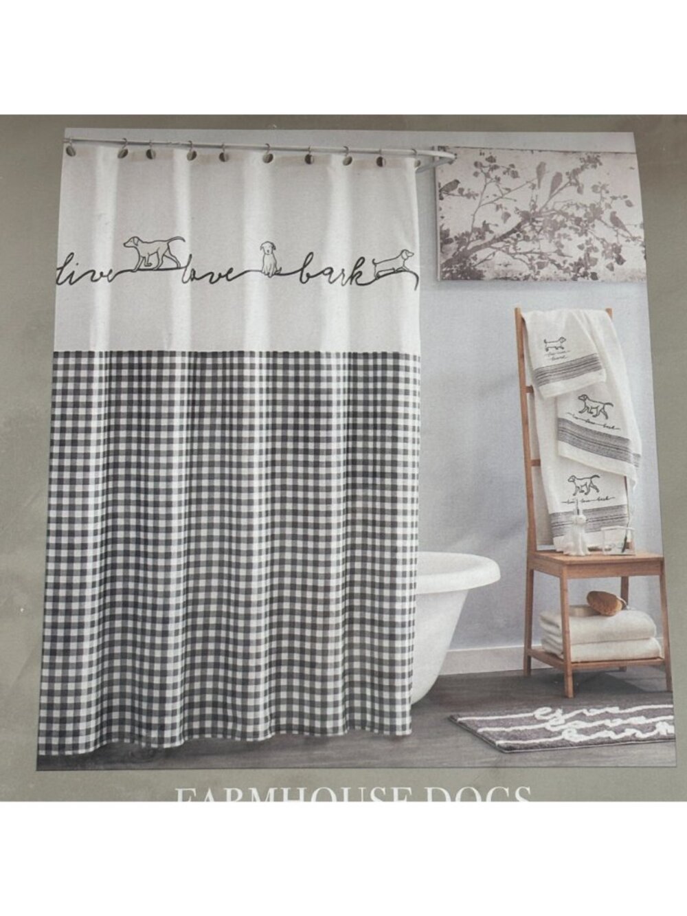 SKL Home Shower Curtain Farmhouse Dogs Black White Gingham 72x 72 Bathroom Decor - Picture 6 of 13